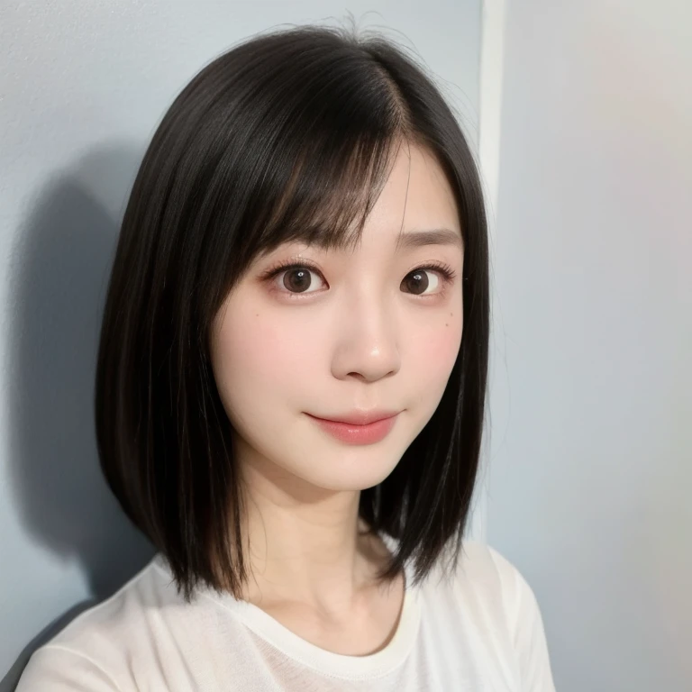 (kawaii 24 year-old Japanese girl, Nogizaka idol, Korean idol), (glossy black hair, messy very short hair, messy pixie cut, symmetric hair length, even length hair edges:1.3), (bangs), (extra rounded face, black eyes, single eyelid, no makeup, soft smiling:1.2), (wearing light blue t-shirt:1.3), (flat chest, extra small breasts:0.8), (looking at viewer:1.2), BREAK, (simple white wall on back:1.3), (dynamic angle, portrait:1.3), BREAK, (masterpiece, best quality, photo realistic, official art:1.4), (UHD, 8K quality wallpaper, high resolution, raw photo, golden ratio:1.2), (shiny skin), professional lighting, physically based rendering, award winning, (perfect anatomy, highly detailed skin, extremely detailed face and eyes), Carl Zeiss 300 mm F/2.8, depth of field, 1girl, solo,
