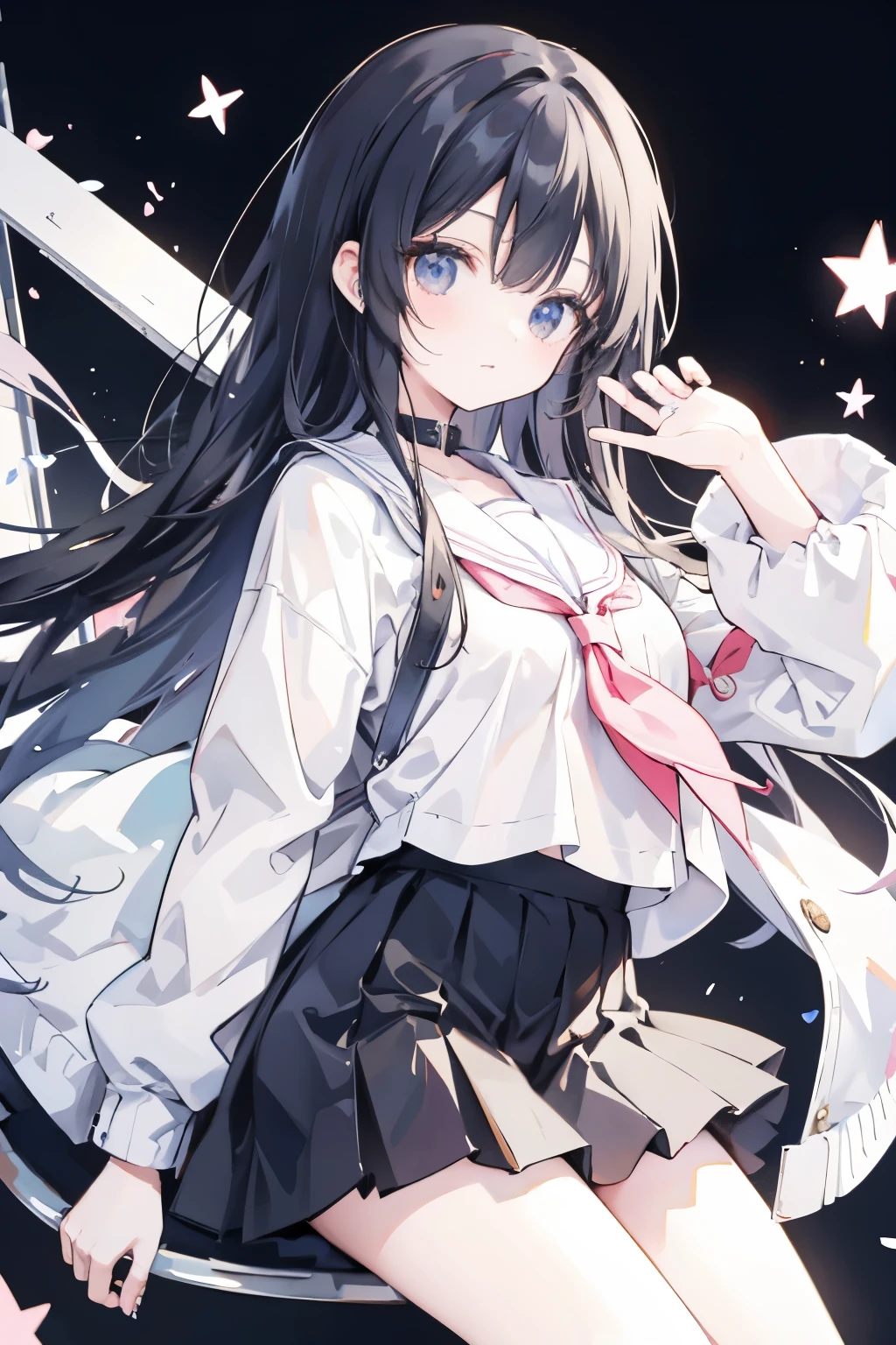 anime girl with black hair , Animation Moe Artstyle, She has black hair with bangs, in anime style, in anime style, She has black hair, school girl, white background