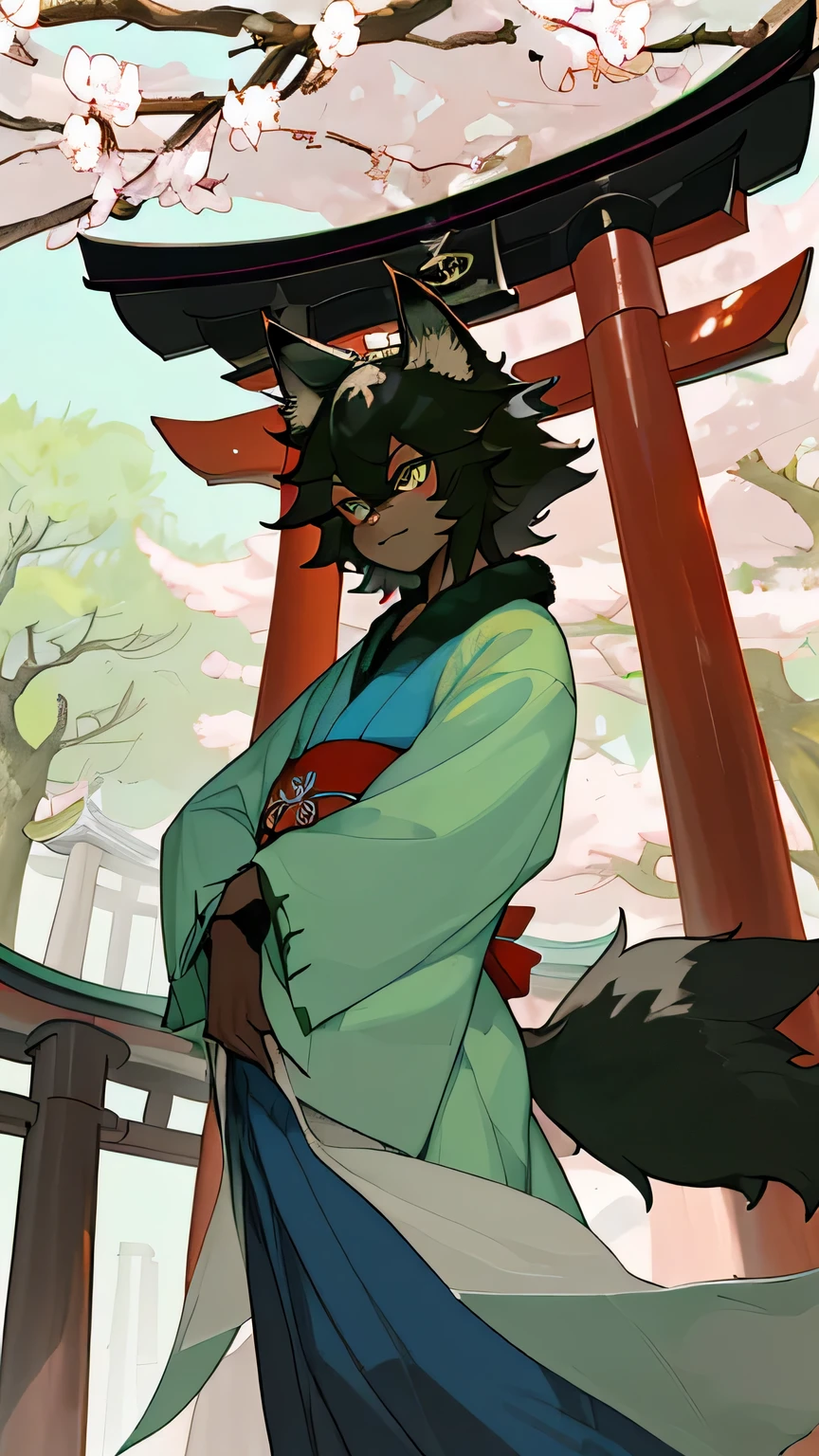 masterpiece,alone,one boy,youth,Furry,kemono,Shaggy fox,big tail,fluffy,personification,black fur,Dark Skin,Mint green eyes,Stinking eyes,shrine,Large torii gate,Cherry tree,spring,Shrine maiden's kimono,Miko costume,Blue clothes,colorful,Femboy