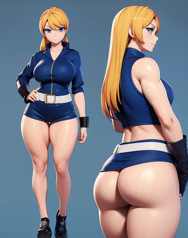 Anime woman, skimpy clothes, slightly muscular, front and back, big ass, small waist, fighter, curvy, 3d rendering, uniform