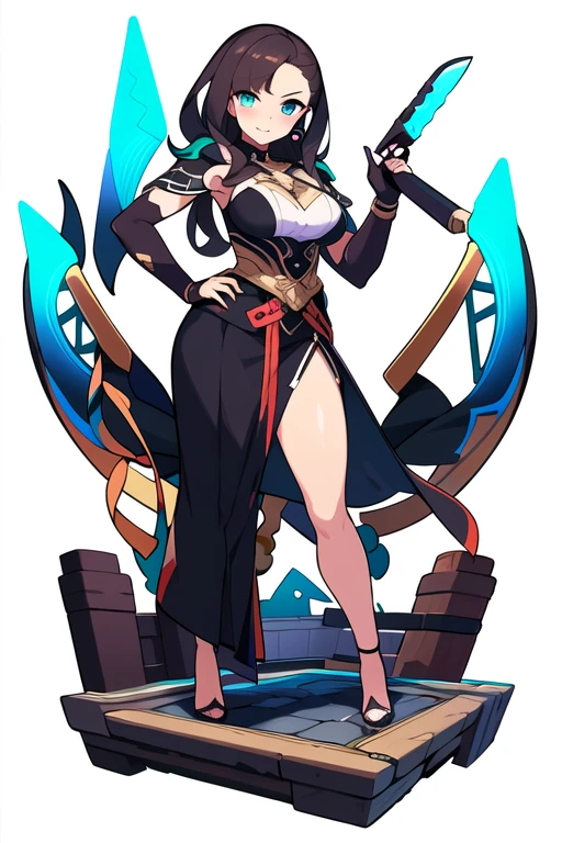 stand posture, cute eyes, adult woman,, solo, high fantasy outfits, ((white background)), full body, holding weapon,