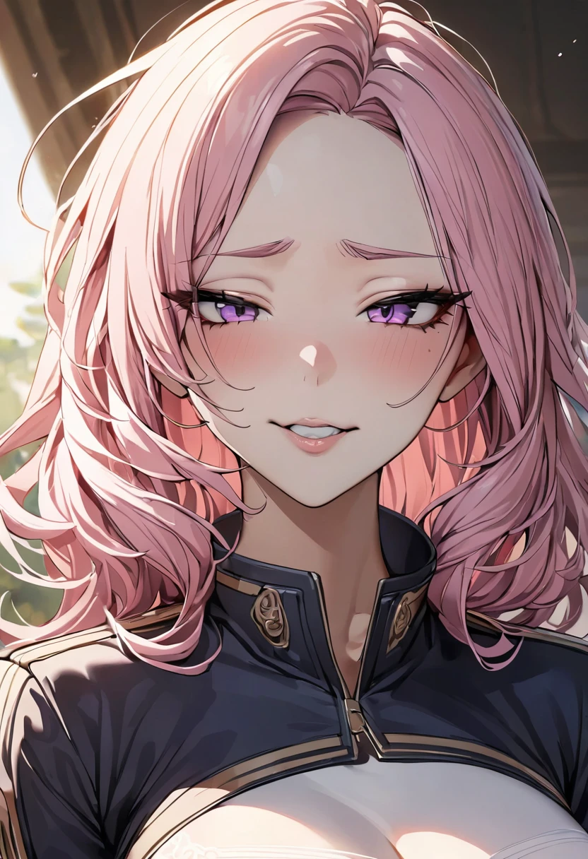 (masterpiece, highest quality), Intricate details, thin, ((slim)), beautiful girl, light pink hair, White skin, lilac eyes, Sharp jawline, Cropped jacket, Messy Hair, Fuller lips, Upper Body, close, Giggling