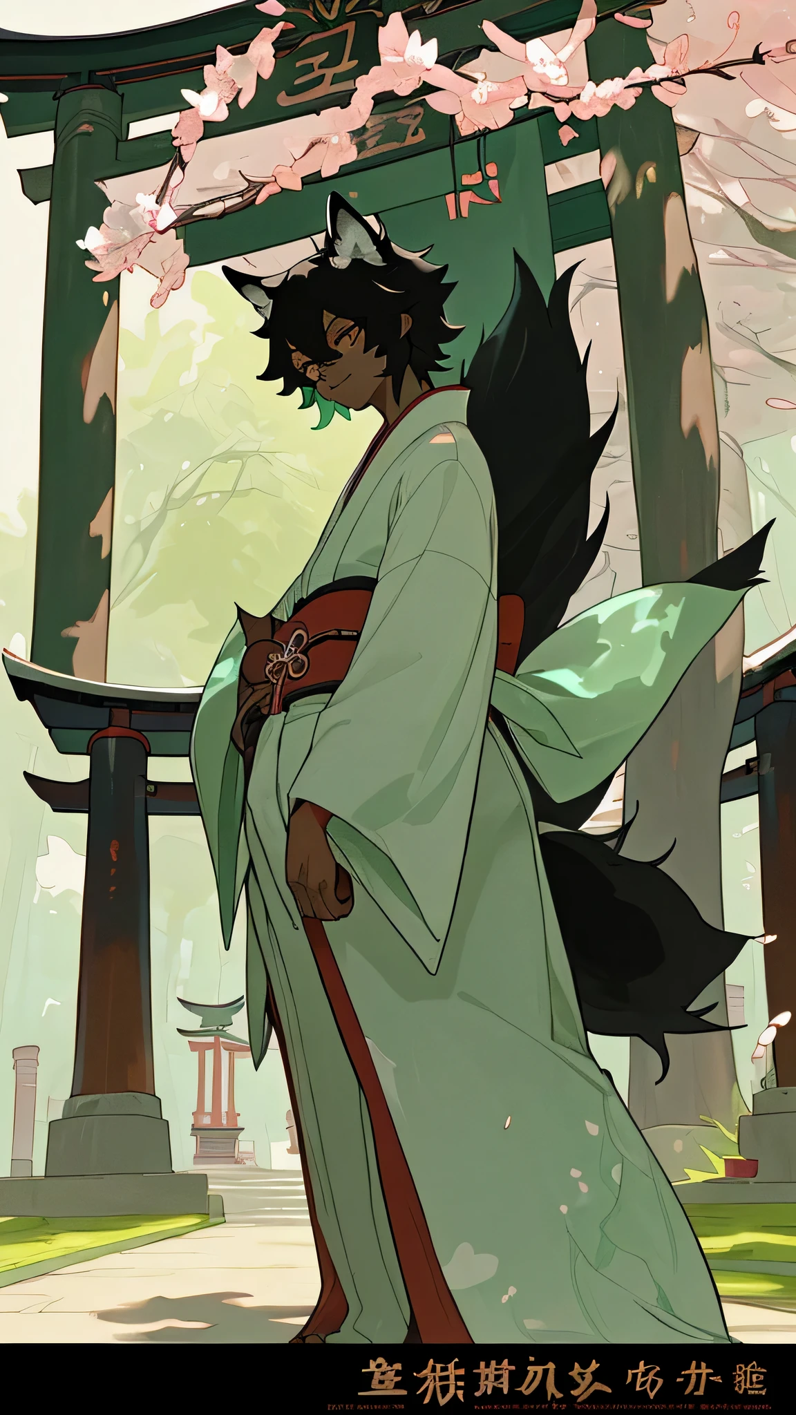 masterpiece,alone,one boy,youth,Furry,kemono,Shaggy fox,big tail,fluffy,personification,black fur,Dark Skin,Mint green eyes,Stinking eyes,shrine,Large torii gate,Cherry tree,spring,Shrine maiden&#39;s kimono,Miko costume,Blue clothes,colorful
