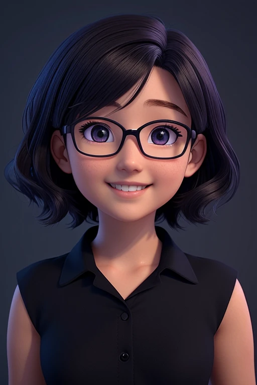 Cartoon girl with glasses and a black shirt smiling, render de uma  anime 3d bonito, Personagem de close up, bonito 3 d render, photorealistic anime girl rendering, semi-realistic rendering, retrato de personagem de closeup, Estilo anime 3D realista, bonito ligeiramente nerd sorriso, arte cg anime suave, smooth 3d CG rendering, 8k portrait render, kawaii retrato realista