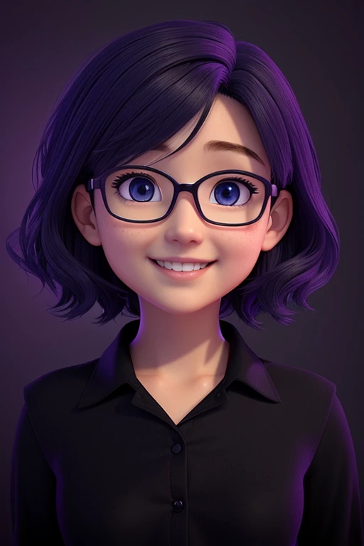 Cartoon girl with glasses and a black shirt smiling, render de uma  anime 3d bonito, Personagem de close up, bonito 3 d render, photorealistic anime girl rendering, semi-realistic rendering, retrato de personagem de closeup, Estilo anime 3D realista, bonito ligeiramente nerd sorriso, arte cg anime suave, smooth 3d CG rendering, 8k portrait render, kawaii retrato realista