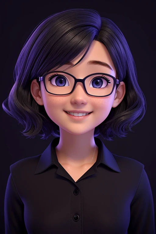 Cartoon girl with glasses and a black shirt smiling, render de uma anime 3d bonito, Personagem de close up, bonito 3 d render, photorealistic anime girl rendering, semi-realistic rendering, retrato de personagem de closeup, Estilo anime 3D realista, bonito ligeiramente nerd sorriso, arte cg anime suave, smooth 3d CG rendering, 8k portrait render, kawaii retrato realista