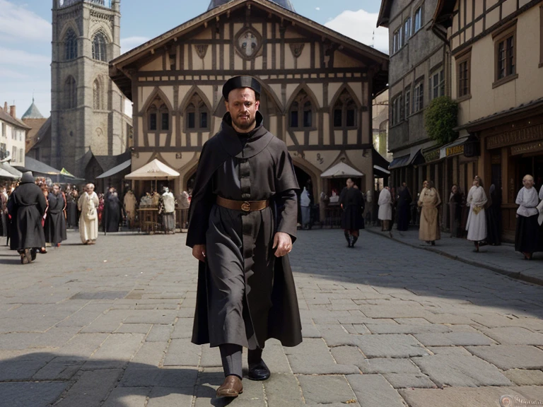 A 40-year-old man dressed in a vintage gray and brown cassock, a traditional garment worn by clerics in medieval times. His expressionless face, devoid of any emotions, is adorned with a serious expression, fitting for someone of his stature and age. He stands tall amidst the bustling streets of a quaint medieval town, his eyes scanning the surroundings with a sense of duty and responsibility. The cobblestone streets are lined with timber-framed buildings, their walls adorned with intricate carvings and colorful banners that flutter in the gentle breeze. People of various social classes can be seen going about their daily routines, some hurrying to attend church services, others engaged in trade and commerce at the bustling marketplace. The church, an architectural marvel with its high arched windows and ornate spires, dominates the skyline, reminding everyone of the power and influence of the clergy in this medieval society. Despite his emotionless demeanor, the man in the cassock seems to blend seamlessly into the scene, carrying out his duties as a pillar of the community with unwavering dedication.