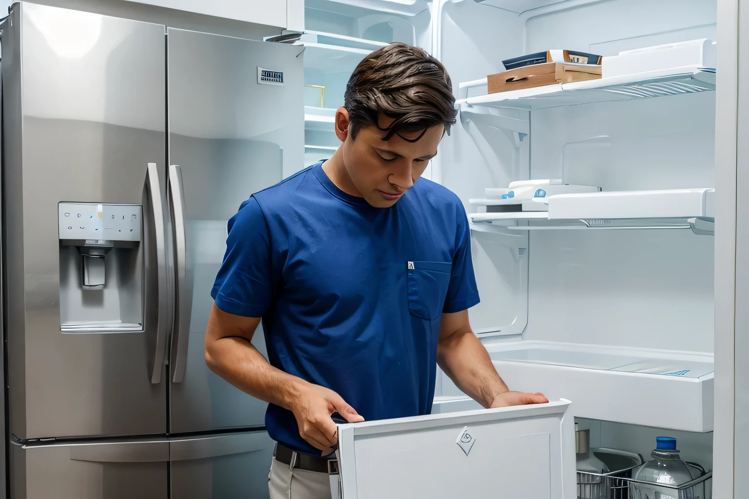 make a man tidying up a white refrigerator, wearing a blue work shirt called electrofrio