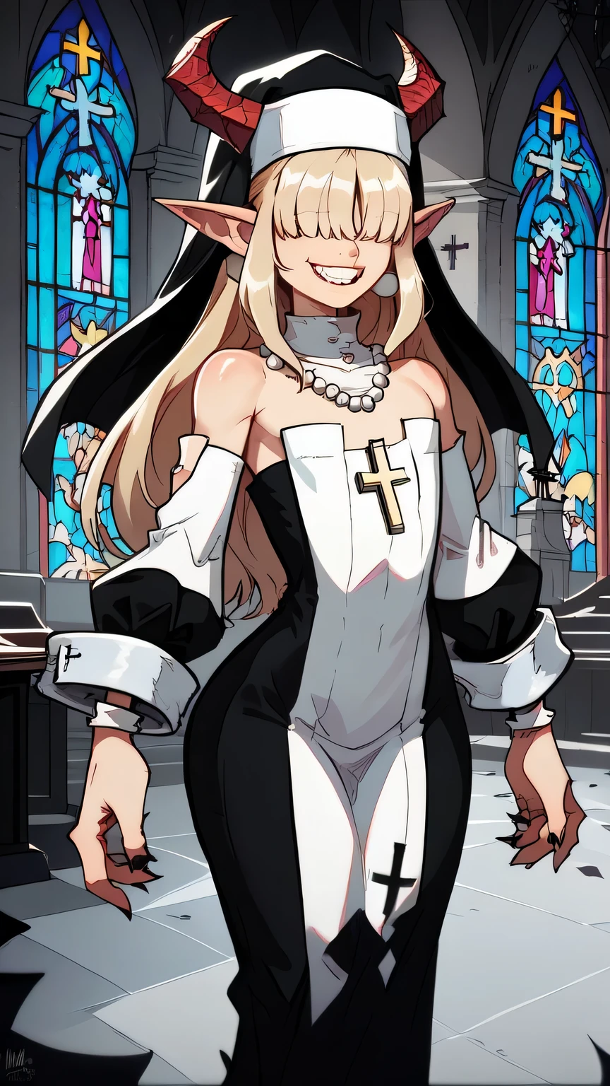 Fraction_9,Fraction_8_Direction_7_up,
nun,Pointed ears,Devil Horns,hair covering eyes,Blonde and flat chested,Smile,teeth,Long hair,Hips,
Bare shoulders,White off-shoulder dress,Pearl ear-rings,Wrist sleeves,wristband,Neck collar,Cross necklace,
church,hell,