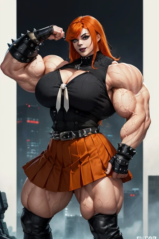 ((((Massive, tall, beautiful, buff, pale white skinned muscular woman with orange hair, black lipstick, ginormous bulky muscles, wearing a black gothic blouse with pleated skirt and tie)))), close view, (black lipstick), massive muscle, massive biceps, hyper muscle shoulders, (ginormous muscle arms), hyper muscle triceps, (shaggy long hair), green eyes, choker, (chain belt), black boots, (spiked gauntlets), (fingerless gloves), (in a destroyed chaotic city), evil smile, night, hyper vascular arm, hyper muscles arms, hyper muscle legs, (ginormous arms).