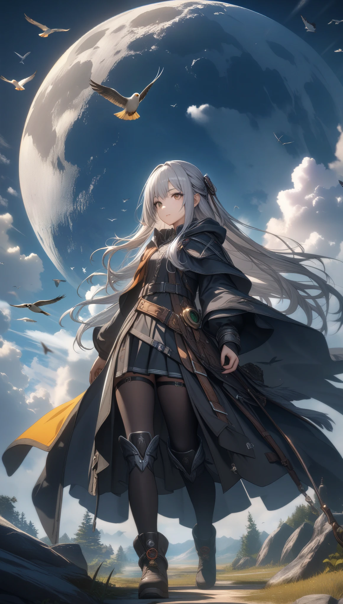 32k, best quality, ultra high res, HDR, UHD, extremely detailed CG, unity 32k wallpaper, highest quality, Very detailed, masterpiece, Super detailed, cloud, witch_Have, Have, 1 Girl, null, green_null,Day, length_hair, cloudy_null, moon,bird, alone, Silver_hair, witch, Outdoor,  