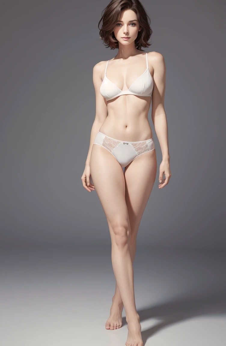 30 year old mature woman, Skin tight top: 1.2, viewer's perspective, cinematic lighting, perfect, soft light, high resolution skin: 1.2, realistic skin texture, small face, no makeup, off shoulders, bust B cup, chest , ((topless white panty only)), Blue eyes, Short hair, Dark brown hair, Bare feet, Standing pose, Full body angle, Gray background,