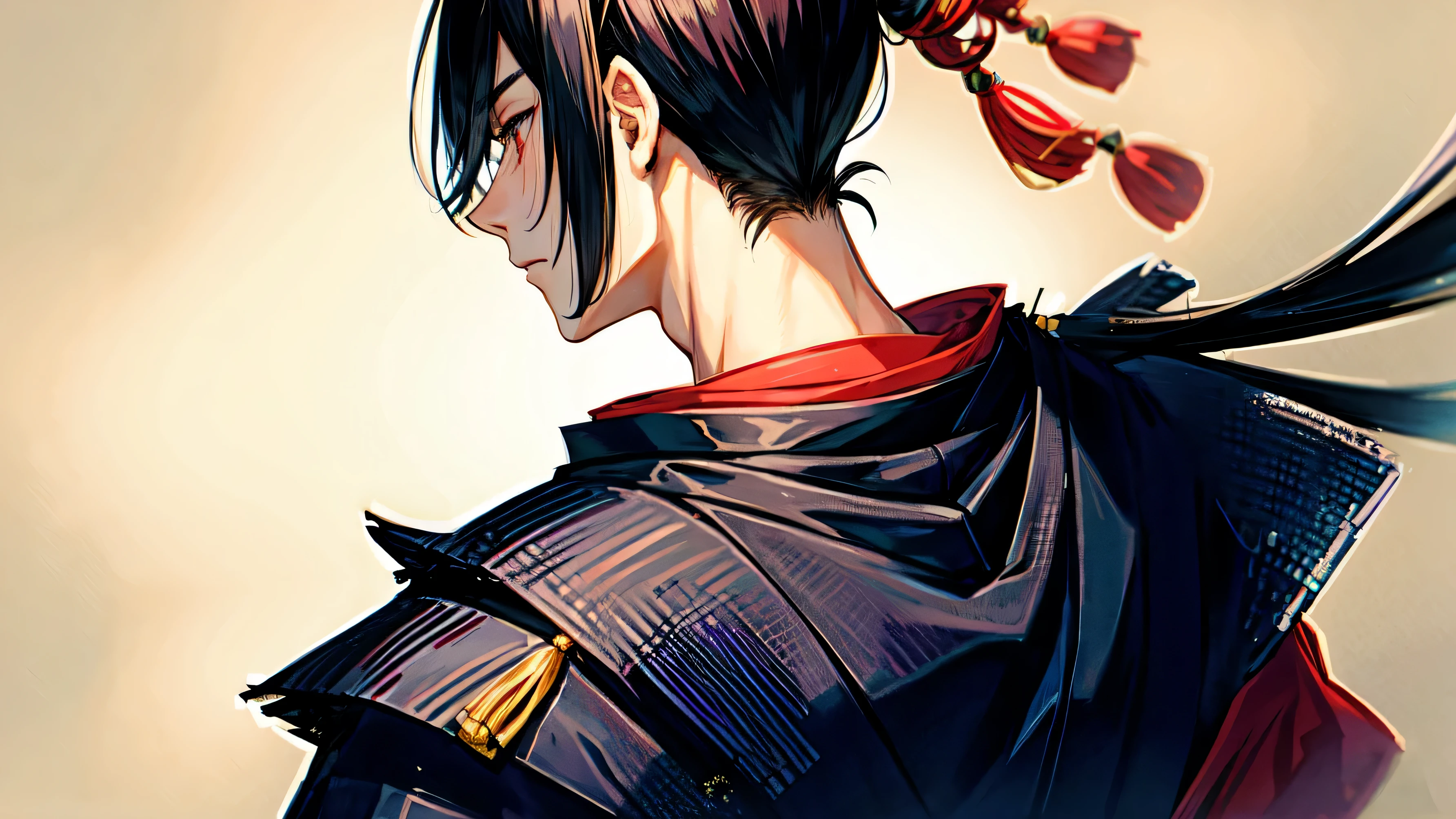 1 male,Black Hair,(masterpiece,highest quality:1.4),(sketch:1.2),(Japanese style:1.4),samurai,trendy,Back view,Shadow