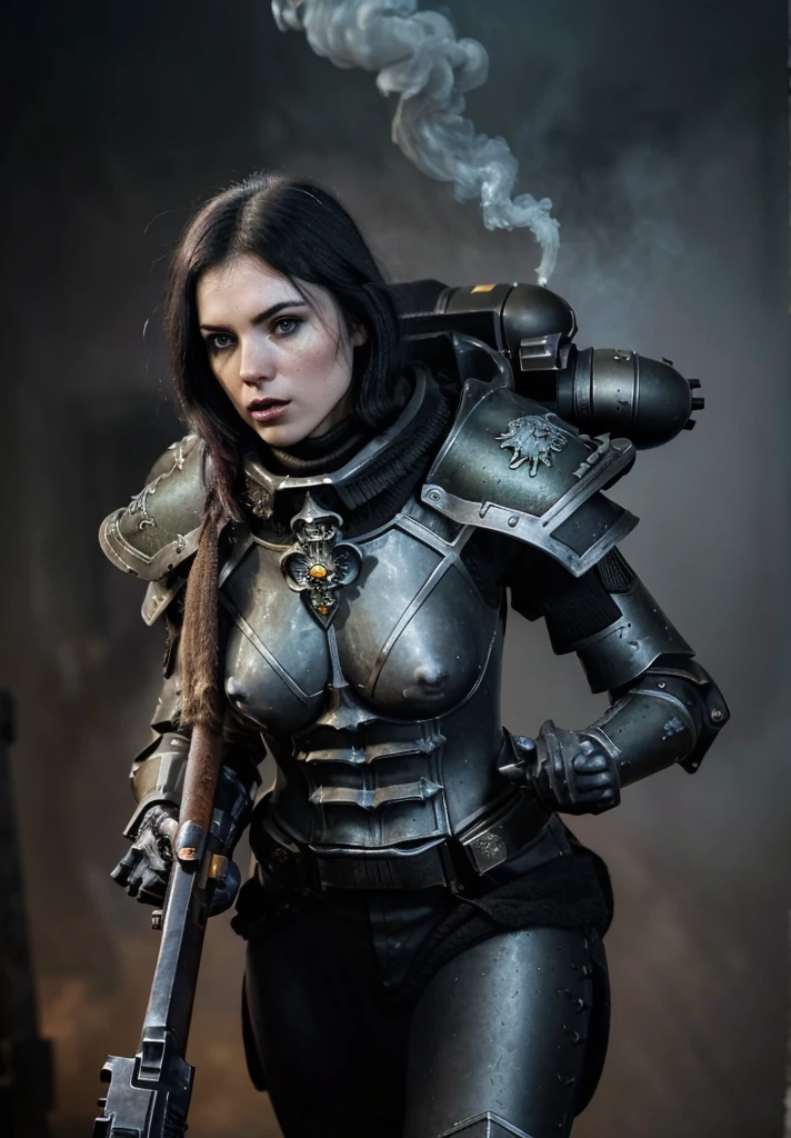 Hyper photo realistic picture perfect sisters of battle,hyper realistic gorgeous face,thin curved eyebrows, black eyeliner,black eye shadow, dark lipstick, long luscious wavy hair, cinematic action shot of a group of adepta sororitas, abstract concept art in the style of HR Giger, Apterus, Zdzislaw Beksinski,
wearing full metal armor, (ORDER OF ARGENT SHROUD:1.2), (fleur de lis:1.2), holding weapon, (rifle, bolter:1.3), (scarlett johansson:0.9), bobcut black hair, (dark eyeshadow:1.1), goth makeup, detailed realistic skin, matte skin texture, skin imperfections, (angry:1.2), grim, shouting, (firing at viewer:1.3), in battle, (fighting stance:1.1),
detailed background, gothic ruins in the background, war, smoke, fog, (dim lighting:1.2), action movie poster,
dark art (masterpiece:1.1), (high resolution RAW photo, hdr:1.1) film grain, cinematic bokeh, depth of field, analog style, detailed, intricate, best quality, high quality, high res, absurdres, official art, grimdark, warhammer 40k, baby yoda