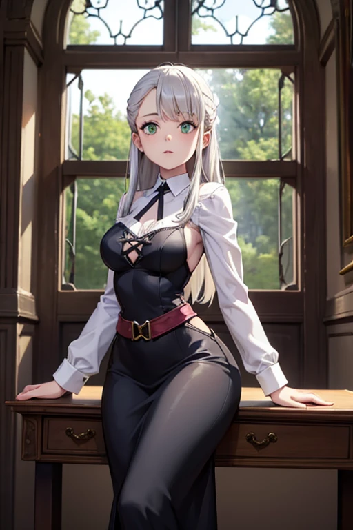 A young silver haired female witch with green eyes and an hourglass figure in a conservative Victorian dress is holding a skull in the classroom