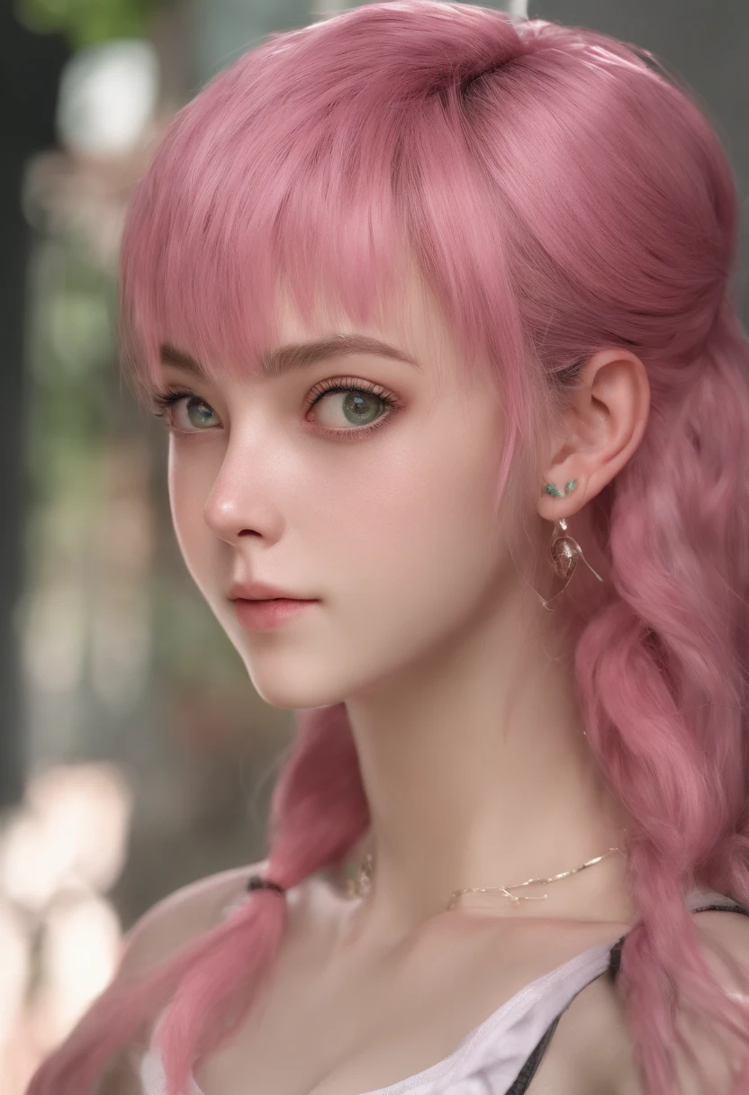 young woman, short shoulder-length pink hair, wide forehead, porcelain skin, pink eyebrows, big emerald green eyes, buttoned nose, full lips, heart-shaped face, slender body, small breasts, red tank top, Sakura Haruno , realistic, realism, details, 3d, well detailed