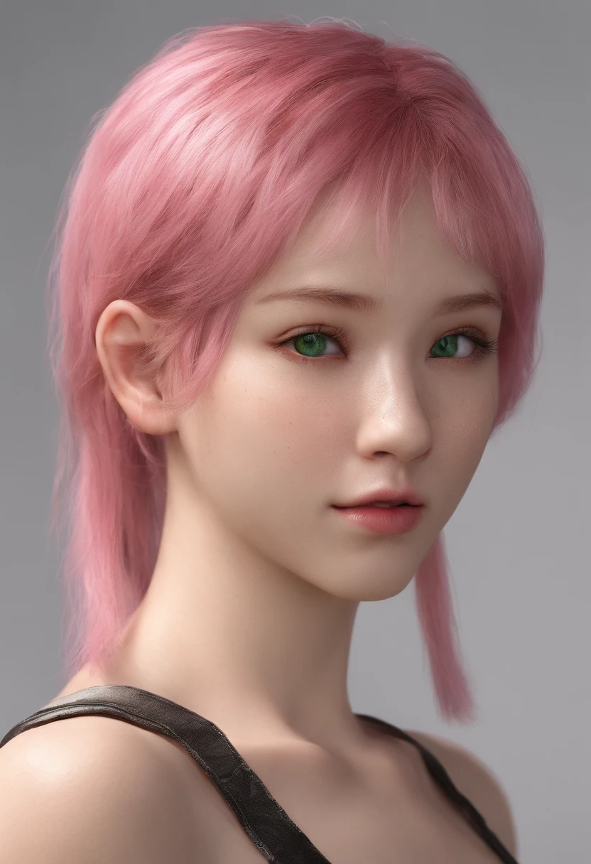 young woman, short shoulder-length pink hair, wide forehead, porcelain skin, pink eyebrows, big emerald green eyes, buttoned nose, full lips, heart-shaped face, slender body, small breasts, red tank top, Sakura Haruno , realistic, realism, details, 3d, well detailed