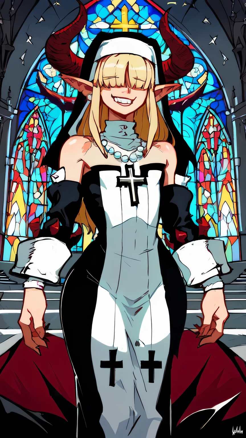 Fraction_9,Fraction_8_Direction_7_up,
nun,Pointed ears,Devil Horns,hair covering eyes,Blonde and flat chested,Smile,teeth,Long hair,Hips,
Bare shoulders,White off-shoulder dress,Pearl ear-rings,Wrist sleeves,wristband,Neck collar,Cross necklace,
church,hell,