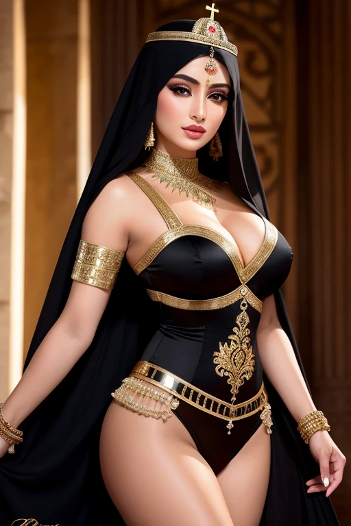 Photo of a captivating and seductive Arabian princess, a close-up plan of a beautiful woman in a black and gold ensemble, Arabic beauty, representation of traditional Arabian beauty, Bellucci-inspired young Arab woman, exotically beautiful, Lutteuse (warrior) Arab,with eloquent and alluring features, dressed in a traditional nun's attire, Pale-skinned Persian girl, Mannequin religieuse (religious model), Belle femme orientale (Eastern beautiful woman), Princesse Persane (Persian Princess).
Detailed description:
A captivating and seductive Arabian princess poses for the