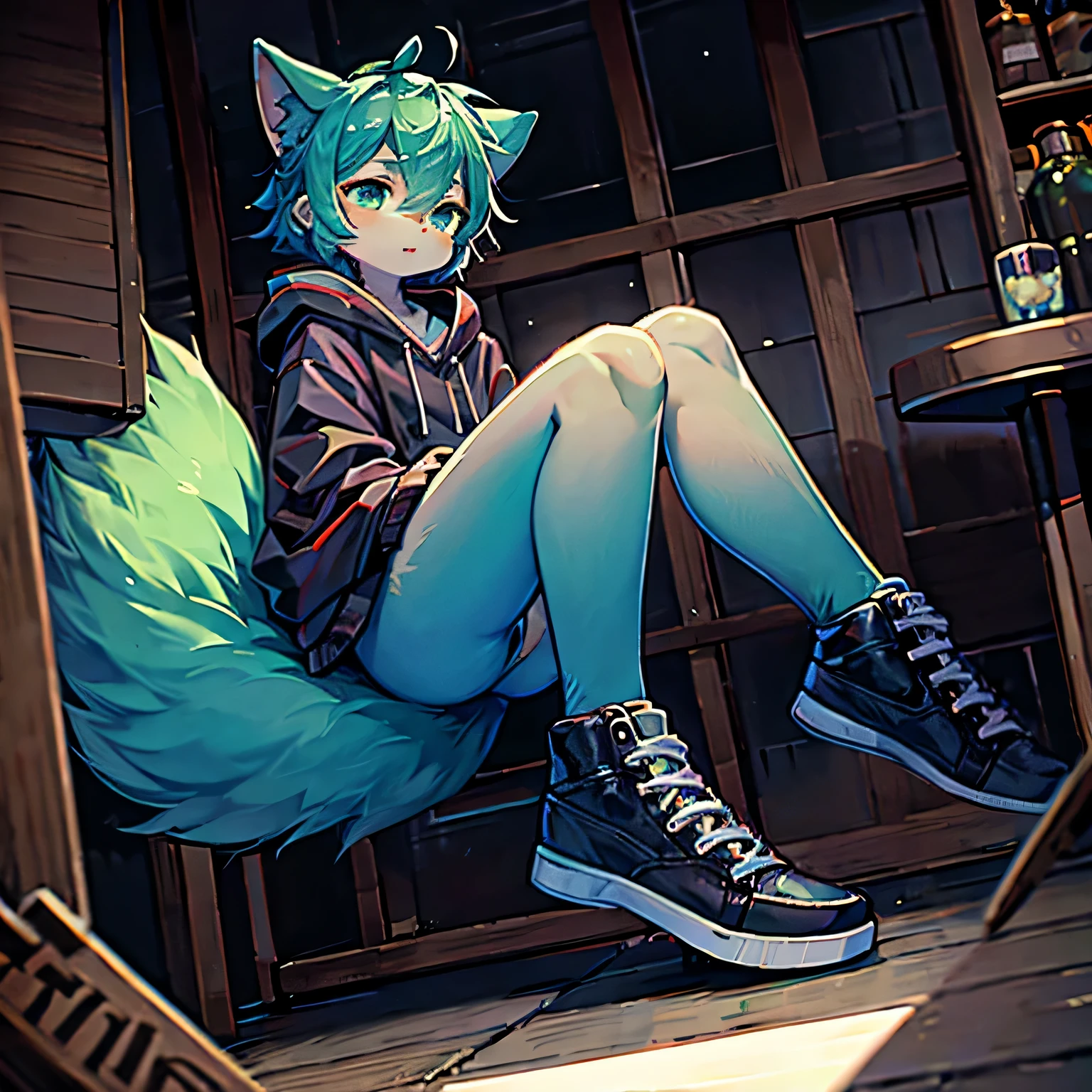 masterpiece, alone, Furry, kemono, Shaggy fox, personification, black fur, Dark Skin, Mint green eyes, Mint green hoodie, Femboy, 