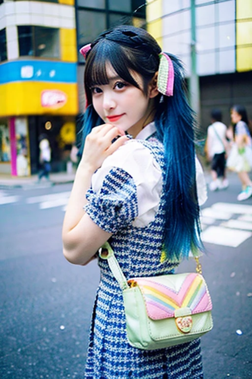
araffe girl with blue hair and a colorful dress and a bag, kawaii decora rainbowcore, harajuku hair, harajuku fashion, decora inspired, harajuku street fashion, kawaii hairstyle, kawaii style, kawaii hair style, japanese street fashion, tokyo fashion, cute colorful adorable, japanese kawaii style, cute kawaii girl, colorful pigtail
