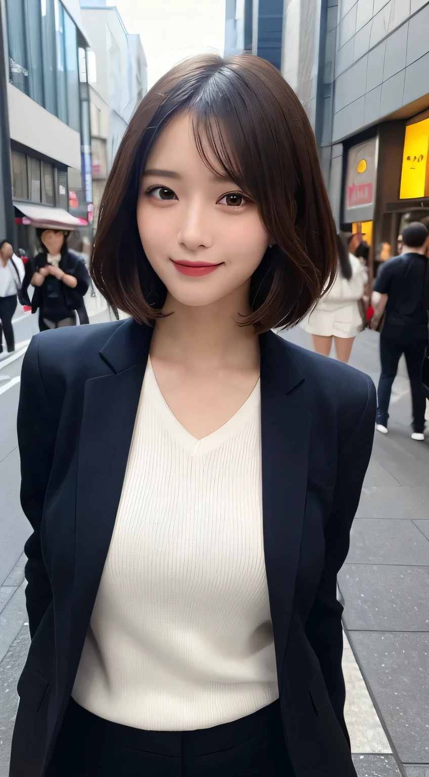 Tabletop, highest quality, figure, Very detailed, In detail, High resolution, 8k wallpaper, Perfect dynamic composition, Beautiful fine details, suit,short hair,Center of chest, Natural color lip, bold sexy pose,smile,Harajuku、20-year-old girl、beauty department、sexy shot looking at camera、Tokyo、Beautiful Skin、