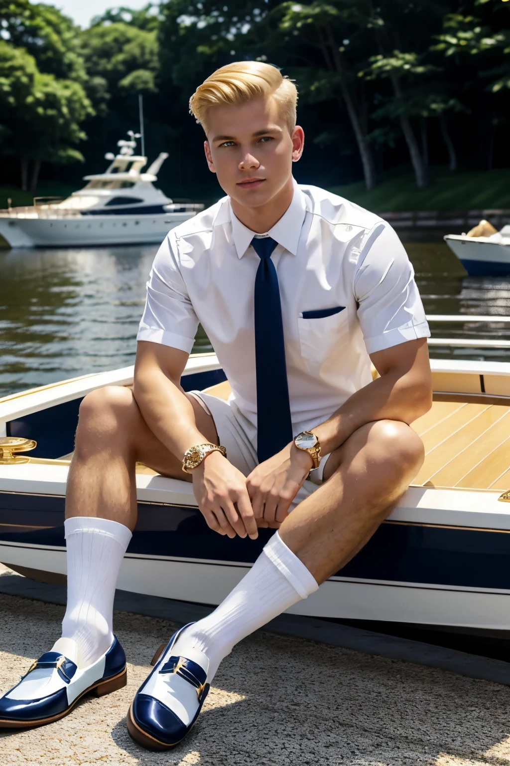 full view, rich blond young guy wearing white long socks, navy blue dockside boat shoes, white shirt, navy blue tie, white preppy shorts, wearing lots of golden jewelery, lot of golden rings, diamond watch, luxury loafers, preppy undercut haircut, hall of luxury mansion