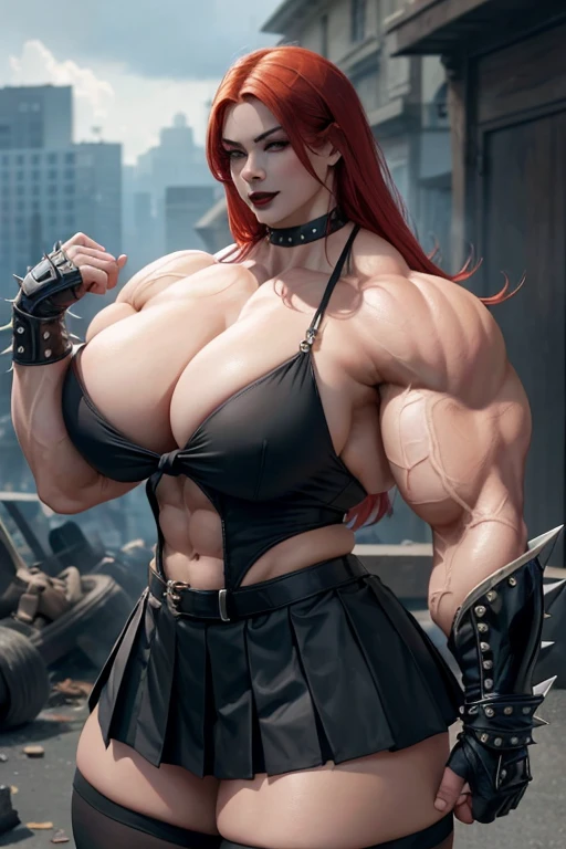 ((((Massive, tall, beautiful, buff, pale white skinned muscular asian woman with red hair, black lipstick, ginormous bulky muscles, wearing a black gothic blouse with pleated skirt and tie)))), close view, (black lipstick), massive muscle, massive biceps, hyper muscle shoulders, (ginormous muscle arms), hyper muscle triceps, (long hair), yellow eyes, choker, (chain belt), black boots, (spiked gauntlets), (fingerless gloves), (in a destroyed chaotic city), evil smile, night, hyper vascular arm, hyper muscles arms, hyper muscle legs, (ginormous arms).