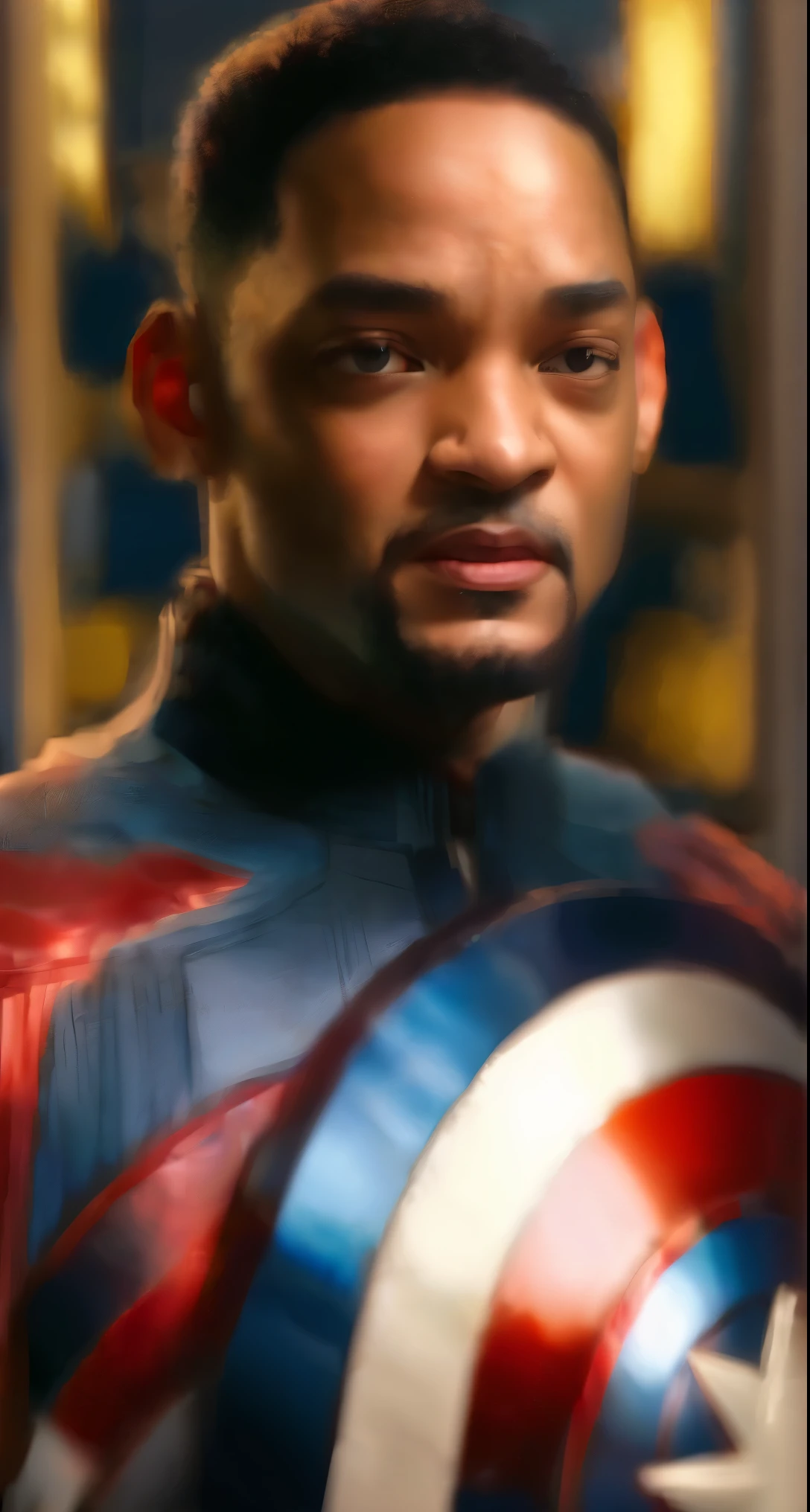 . .Tarantino style Will Smith as Captain America 8k, high definition, detailed face, detailed face, detailed eyes, detailed suit, in style of marvel and dc, hyper-realistic, + cinematic shot + dynamic composition, incredibly detailed, sharpen, details + superb details + evening with light + perfectionism + award winning realism ((moody lighting))