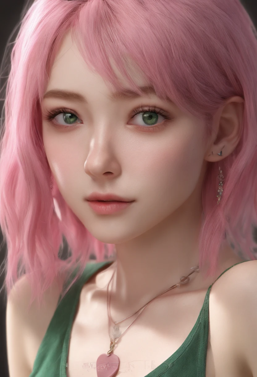 young woman, short shoulder-length pink hair, wide forehead, porcelain skin, pink eyebrows, big emerald green eyes, buttoned nose, full lips, heart-shaped face, slender body, small breasts, red tank top, Sakura Haruno , realistic, realism, details, 3d, well detailed