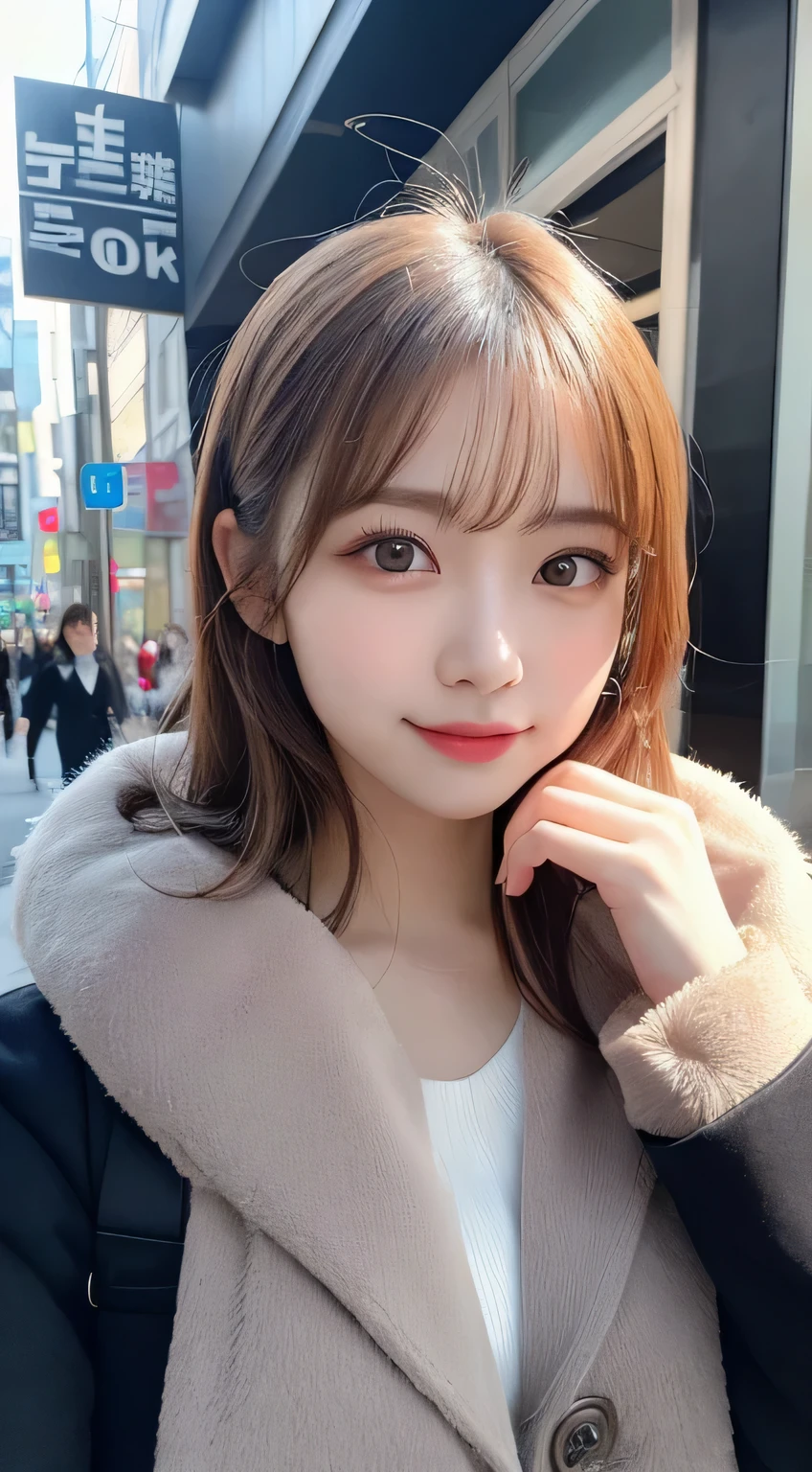Tabletop, highest quality, shape, Very detailed, finely, High resolution, 8k wallpaper, perfect dynamic composition shape, Beautiful and beautiful eyes, Fluffy gray Tokyo winter clothes with elegant fur,Medium Hair,,Natural color lip,smile,20-year-old girl、cute、Looking at the camera is sexy,常にBlur the background,Perfect and beautiful face,Take a picture of your face only,Beautiful and elaborate face、Slim face and figure、Big eyes、elegant face、Beautiful and elaborate face、KPOP idol faces、Japanese idol faces、Big eyes、Blur the background、Actual photo