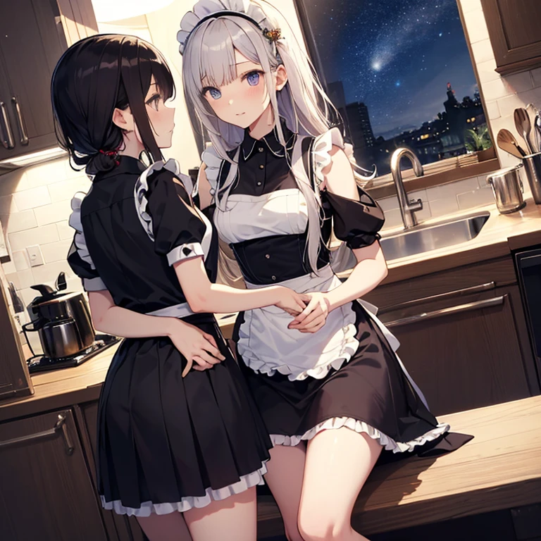 A group of maids, (in kitchen), various hair styles, harem, wearing maid uniform, night, details face, , short skirt, seducing, sleeveless , night, starry night