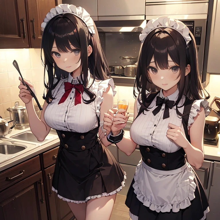 A group of maids, (in kitchen), various hair styles, harem, wearing maid uniform, night, details face, , short skirt, seducing, sleeveless , night, starry night