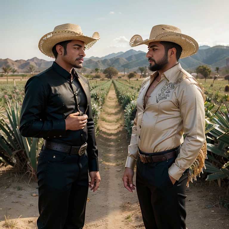 Two gay men in an agave field during golden hour are in love. One (dressed in black as a charro from Jalisco) is skinny, very young-looking, tan and hairless. The other one (dressed in a light bone colored cowboy attire from Nuevo León Mexico) is large, strong, stocky, fair-skinned with green eyes, a beard and hairy chest.