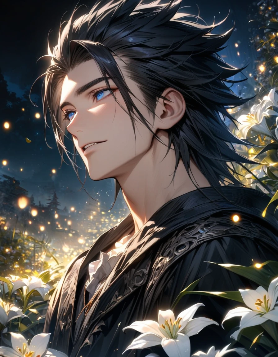 absurdres, highres, ultra detailed, HDR, master piece, best quality, Zack, black hair, expressive blue eyes, Final Fantasy, 1man, handsome, petals, white lilies, moon, fireflies, extremely detailed face and eyes