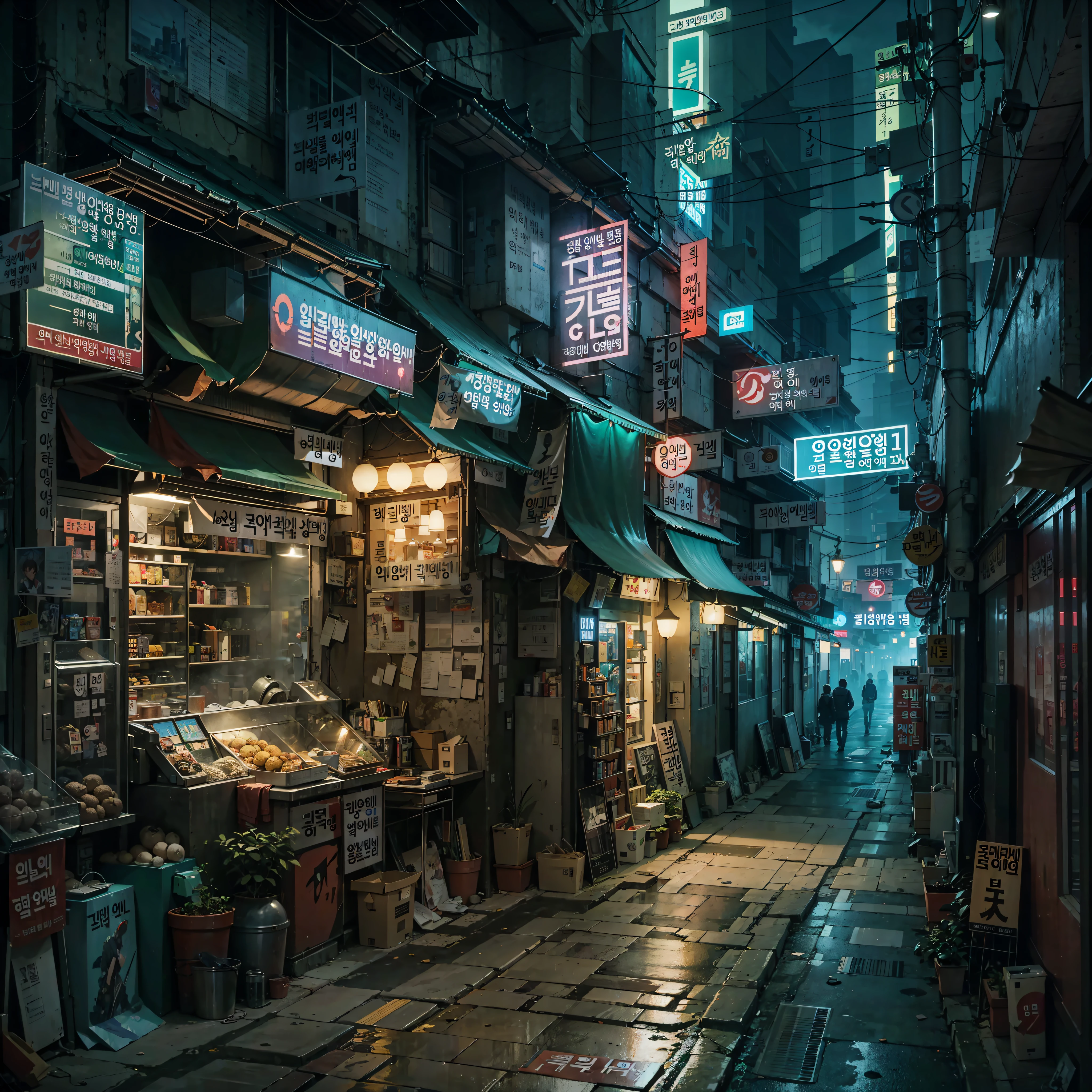 narrow and lonely ally in Seoul, Cyberpunk city of science fiction film, rua vazia, noite, coreano, coreano signs, lojas antigas, aconchegante, placas de circuito, fios, intrincado, hiper-detalhado, realista, ultra-realista, alta qualidade, melhor, ultra detalhe, Detalhe maluco, extremamente detalhado, photographic realism, 8k