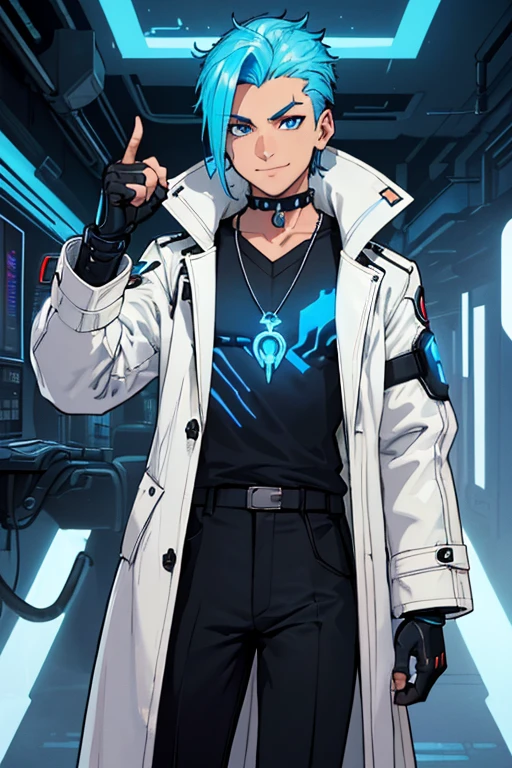 male, brownish tan short hair, blue eyes, (((1boy))), (((white cyberpunk coat with blue trim))), (black long sleeve v-neck t-shirt), (necklace with dragon head pendant), (black pants with blue trim), (black white cybernetic boots), (black fingerless gloves), long legs, smiling, single person
