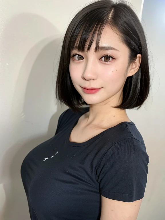 (kawaii 24 year-old Japanese girl, Nogizaka idol, Korean idol), (glossy black hair, messy very short hair, messy pixie cut, symmetric hair length, even length hair edges:1.3), (bangs), (extra rounded face, black eyes, single eyelid, no makeup, soft smiling:1.2), (wearing light blue t-shirt:1.3), (flat chest, extra small breasts:0.8), (looking at viewer:1.2), BREAK, (simple white wall on back:1.3), (dynamic angle, portrait:1.3), BREAK, (masterpiece, best quality, photo realistic, official art:1.4), (UHD, 8K quality wallpaper, high resolution, raw photo, golden ratio:1.2), (shiny skin), professional lighting, physically based rendering, award winning, (perfect anatomy, highly detailed skin, extremely detailed face and eyes), Carl Zeiss 300 mm F/2.8, depth of field, 1girl, solo,