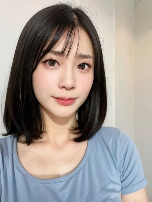 (kawaii 24 year-old Japanese girl, Nogizaka idol, Korean idol), (glossy black hair, messy very short hair, messy pixie cut, symmetric hair length, even length hair edges:1.3), (bangs), (extra rounded face, black eyes, single eyelid, no makeup, soft smiling:1.2), (wearing light blue t-shirt:1.3), (flat chest, extra small breasts:0.8), (looking at viewer:1.2), BREAK, (simple white wall on back:1.3), (dynamic angle, portrait:1.3), BREAK, (masterpiece, best quality, photo realistic, official art:1.4), (UHD, 8K quality wallpaper, high resolution, raw photo, golden ratio:1.2), (shiny skin), professional lighting, physically based rendering, award winning, (perfect anatomy, highly detailed skin, extremely detailed face and eyes), Carl Zeiss 300 mm F/2.8, depth of field, 1girl, solo,