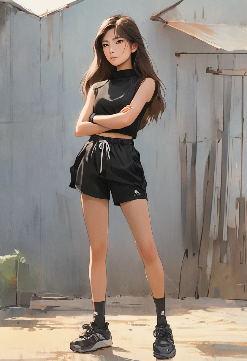 Girl, long brown hair, arms crossed, black black sleeveless cropped top with high neck,black shorts, barefoot, standing, serious face full body