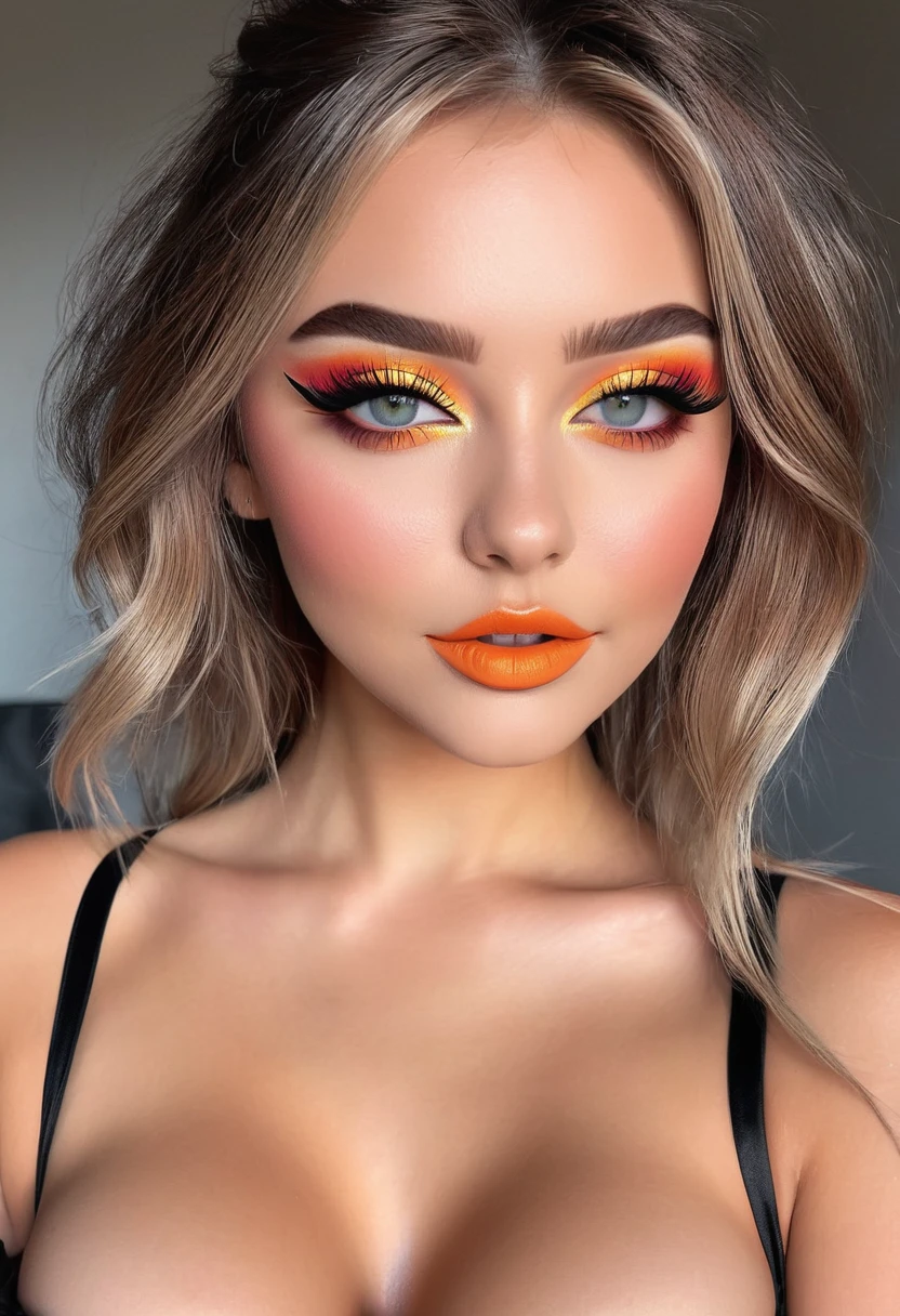 (best quality,ultra-detailed,photorealistic:1.37), vivid colors, beautiful detailed eyes, beautiful detailed lips, long eyelashes, charming smile, flawless skin, trendy hairstyle, Nail polish with bright colors, daintily contoured cheeks , rainbow eyeshadow, striking cat-eye eyeliner, intense satin finish lipstick, sexy expressions, , sleek-and-sexy outfit, high heels, exquisite details in every outfit, prominent presence on in bedroom, stylish accessories, tight corset like clothing with long side splits, exposed hard detailed nipples,  ager, at a Hollywood event , small pert exposed breasts, gymnast body, 