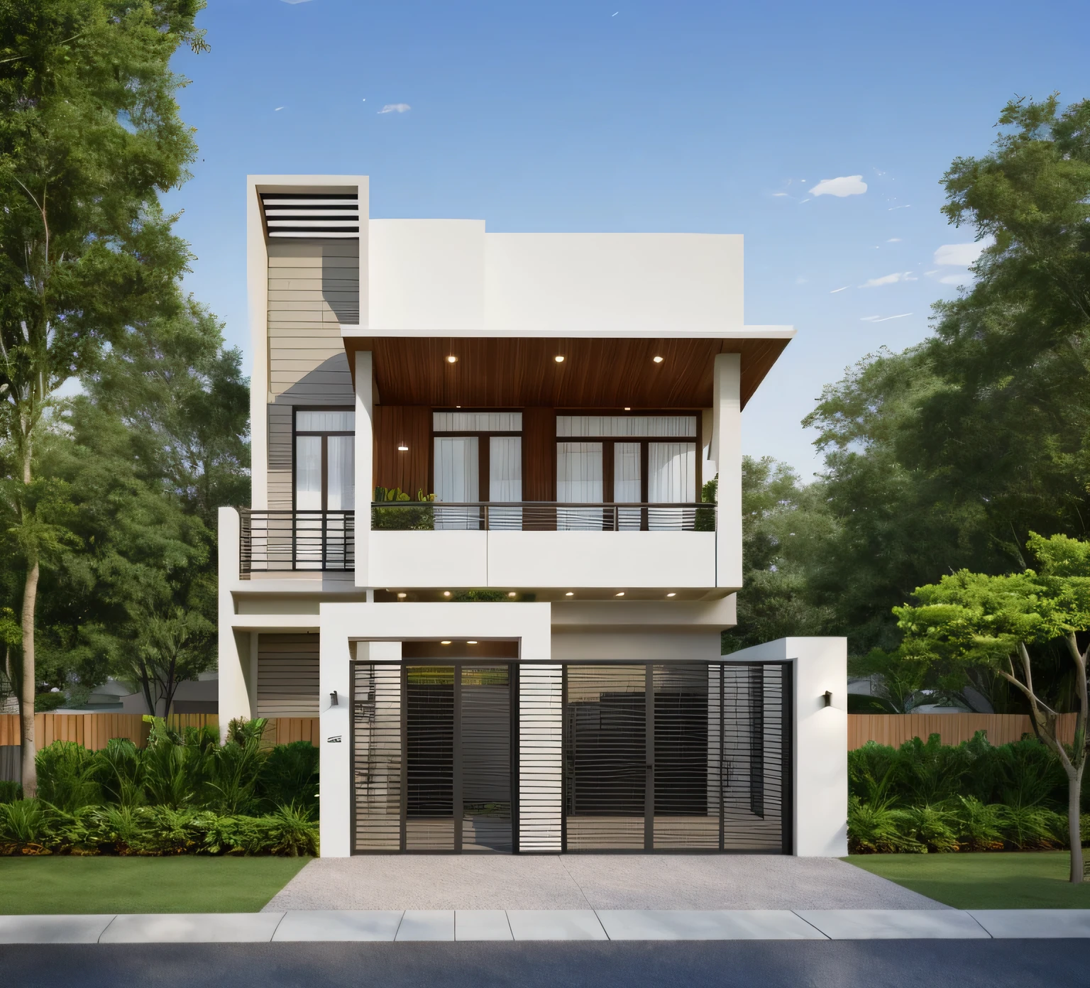 Exterior of house, mordern material decorations, (canopy in front of house:1.4), (a road in front of house:1.3), tree, sky, cloud, morning weather.