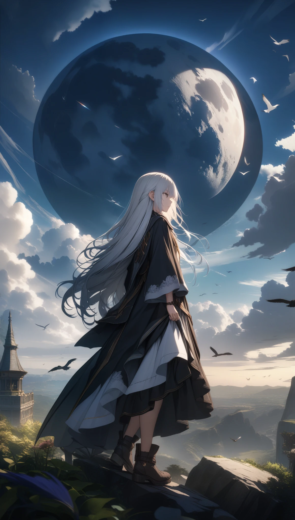 32k, best quality, ultra high res, HDR, UHD, extremely detailed CG, unity 32k wallpaper, highest quality, Very detailed, masterpiece, Super detailed, cloud, witch_Have, Have, 1 Girl, null, green_null,Day, length_hair, cloudy_null, moon,bird, alone, Silver_hair, witch, Outdoor,  