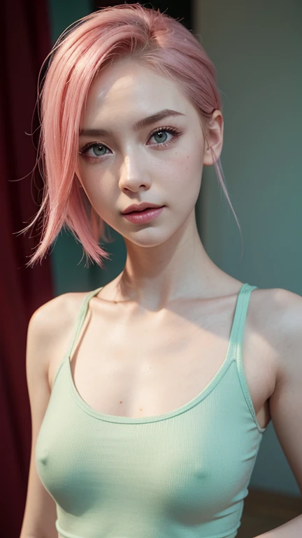 young woman, short shoulder-length pink hair, wide forehead, porcelain skin, pink eyebrows, big emerald green eyes, buttoned nose, full lips, heart-shaped face, slender body, small breasts, red tank top, Sakura Haruno , realistic, realism, details, 3d, well detailed