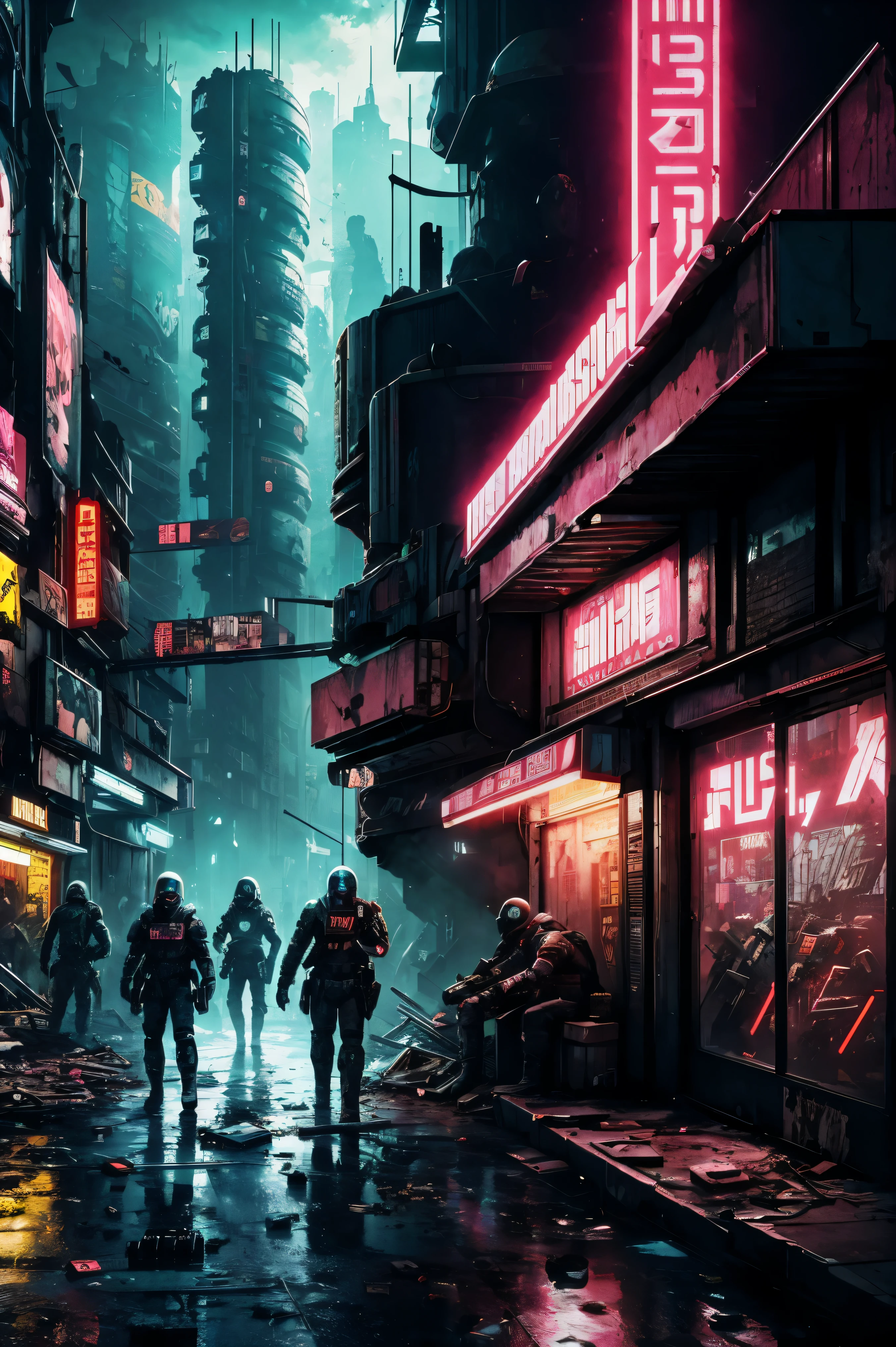 dystopian future,city with a futuristic face in decay, pessoas em todos os lugares, comerciantes, ciborgues do submundo, buying and selling trade, Publicidade Neon, cartazes em todos os lugares,violence and aggression