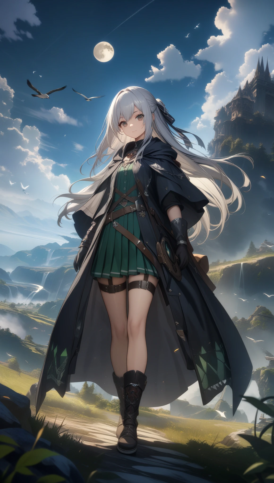 32k, best quality, ultra high res, HDR, UHD, extremely detailed CG, unity 32k wallpaper, highest quality, Very detailed, masterpiece, Super detailed, cloud, witch_Have, Have, 1 Girl, null, green_null,Day, length_hair, cloudy_null, moon,bird, alone, Silver_hair, witch, Outdoor,