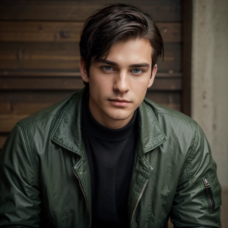 masterpiece, young 25 year old guy, cute with dark hair, Very short haircut. Epicly dressed. Green jacket with dark gray shoulder pads. Shoulders black. Biker style. Cool jacket, durable. Blue eyes. charisma, perfect face. Clean shaved face. Hollywood looks. Smooth, thin nose. Handsome hero. raised hair. 