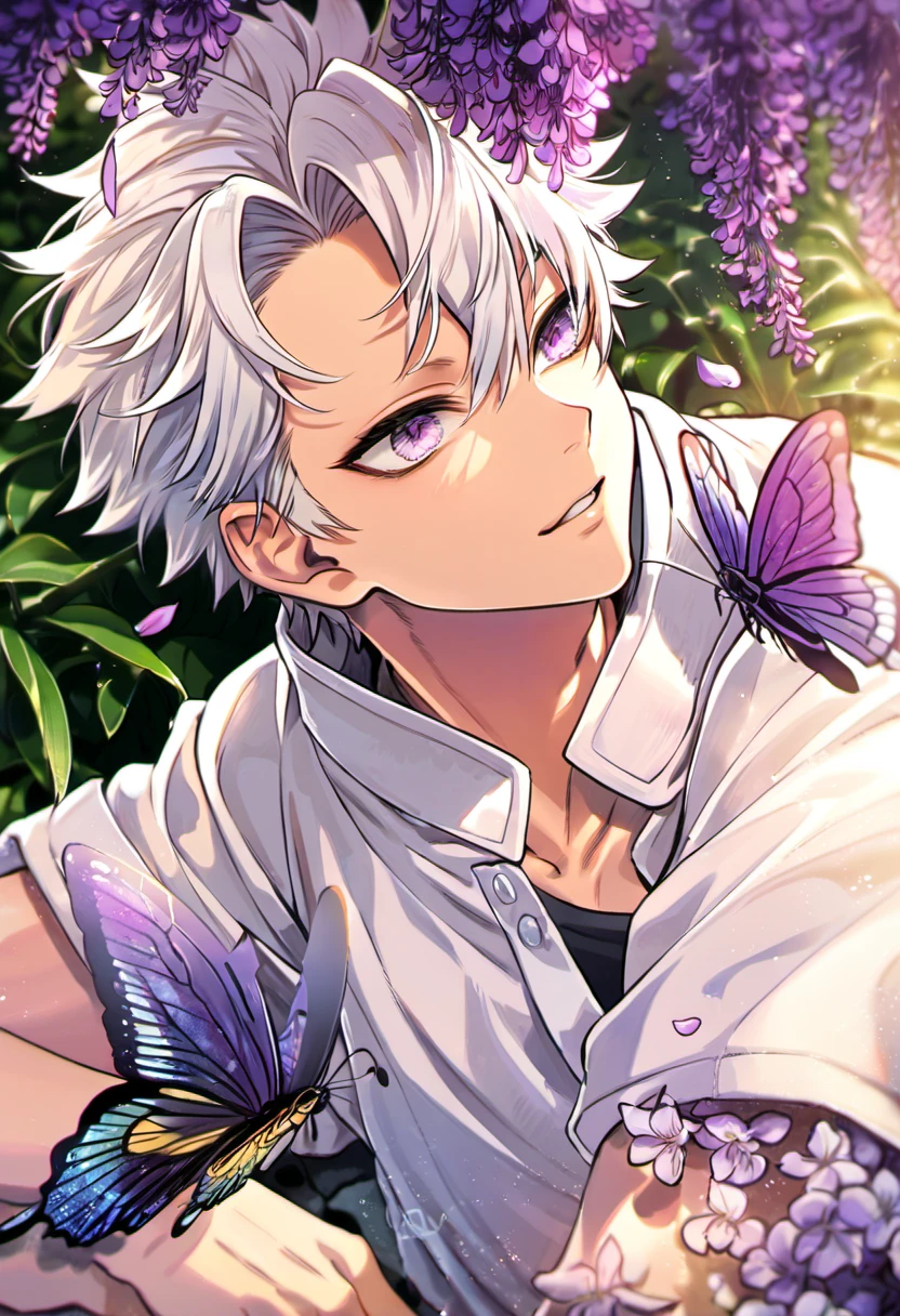 Ultra detailed, HDR, Highres, absurdres, master piece, Shinazugawa Sanemi, white hair, expressive dark purple eyes, hair between the eyes, scar on his face, black demon slayer clothes, white haori, Kimetsu No Yaiba, glittering blue butterflies, petals, blue flowers, handsome, sexy man, toned chest, extremely detailed face and eyes, glittering, blue background, perfect face, best quality, blue water,