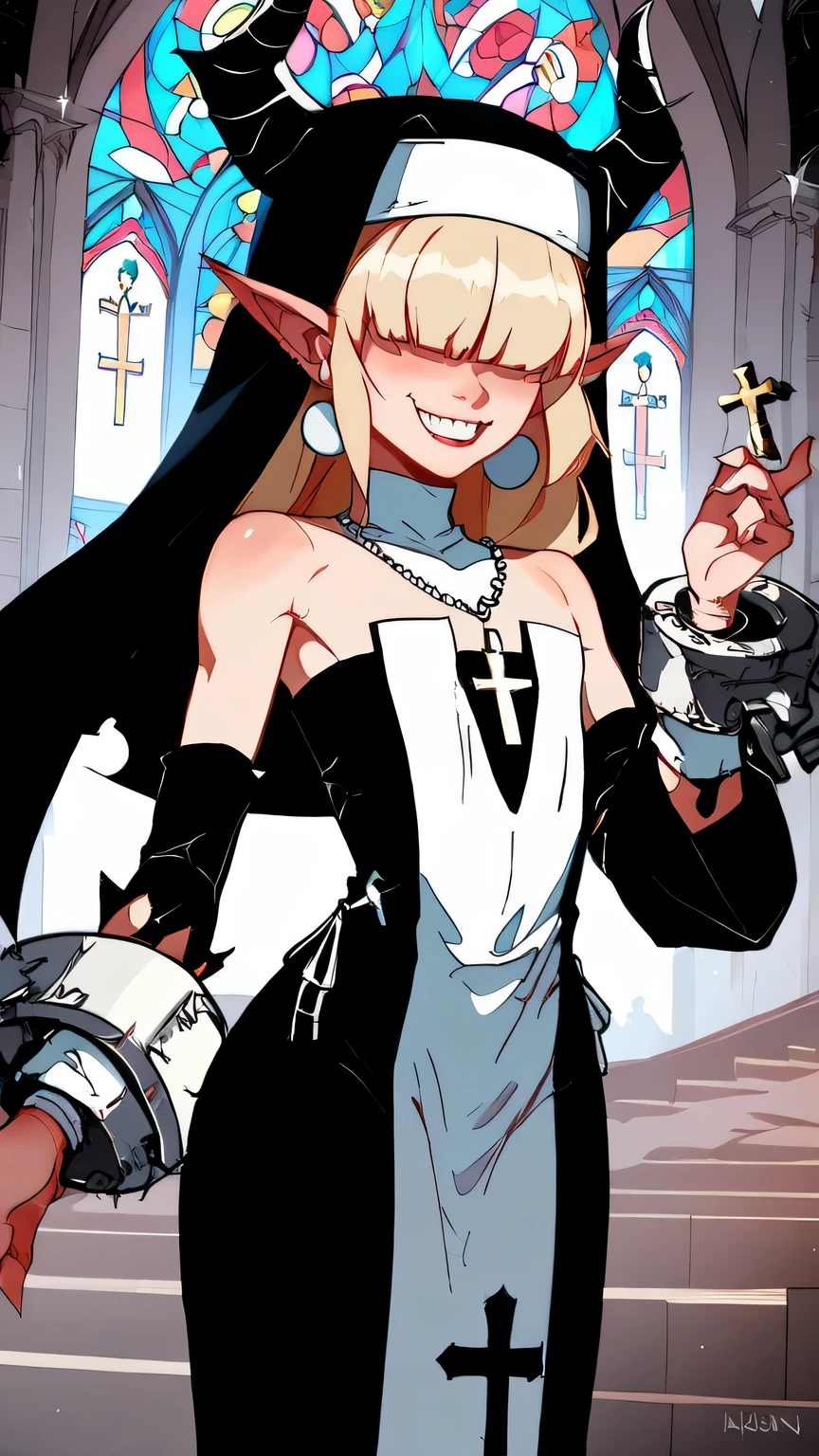 Fraction_9,Fraction_8_Direction_7_up,
nun,Pointed ears,Devil Horns,hair covering eyes,blond,flat chest,Smile,teeth,Long hair,Hips,
Bare shoulders,White off-shoulder dress,earrings,Wrist sleeves,wristband,Cross necklace,
church,hell,