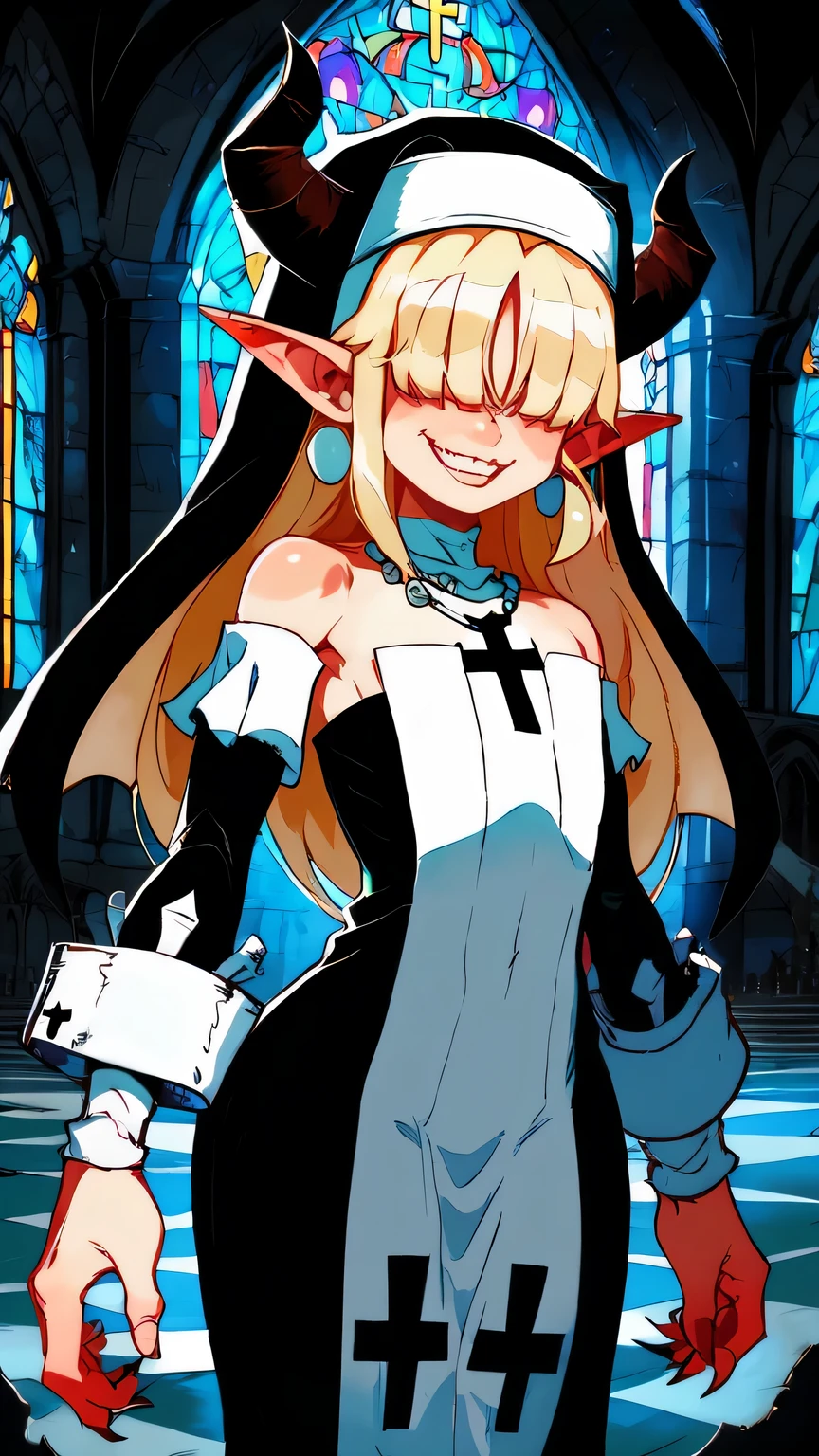 Fraction_9,Fraction_8_Direction_7_up,
nun,Pointed ears,Devil Horns,hair covering eyes,blond,flat chest,Smile,teeth,Long hair,Hips,
Bare shoulders,White off-shoulder dress,earrings,Wrist sleeves,wristband,Cross necklace,
church,hell,